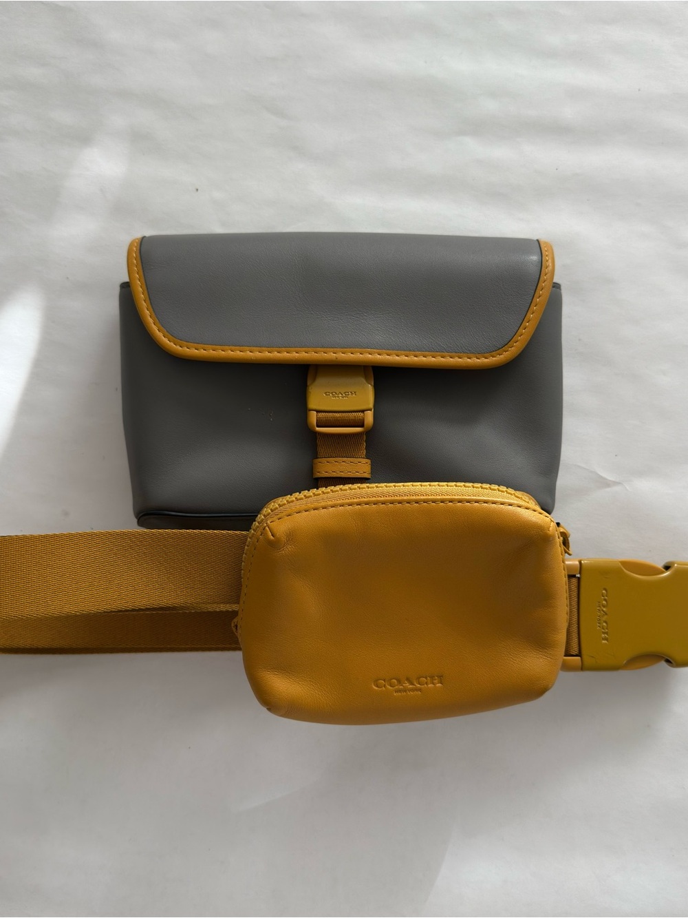 COACH Gray and Mustard Yellow Leather Crossbody Belt Bag Set
